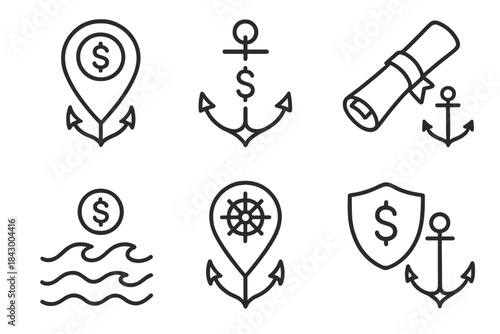 Nautical Funding Icons. Icons for: seafaring point bursary, sailor’s fund anchors, maritime scholarship posts, wave-guided
