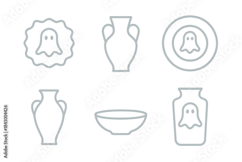 Ethereal Pottery Icons. Icons for: phantom porcelain marks, translucent vessel outlines, spectral dish emblems, ethereal pottery