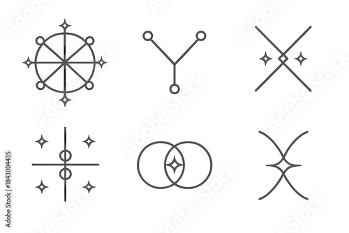 Geometric Magic Symbols. Icons for: geometric magic junction diagrams, linear enchanted connection symbols, minimalist union
