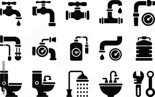 Water supply and sanitation system icons collection including taps pipes shower bathroom sink and repair tools
