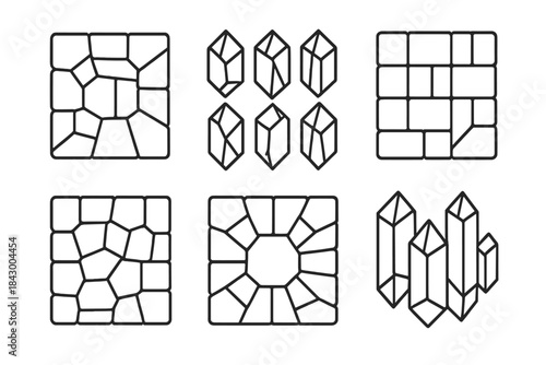 Geometric Crystal Patterns. Icons for: aligned stone glass patterns, geometric crystal-rock alignments, transparent lithic grids,
