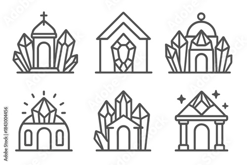 Divine Crystal Structures. Icons for: ordained crystal pavilions, divine gem structures, sacred mineral shelters, luminous destiny