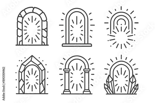 Radiant Sacred Portals. Icons for: mineral narthex radiances, sacred entry lights, glowing vestibule circles, illuminated ore
