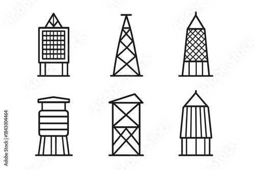 Structural Carrier Icons. Icons for: screened carrier towers, lattice transport pillars, mesh-covered load spires, ventilated