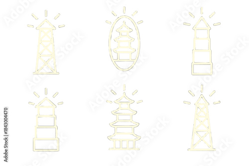 Luminous Tower Icons. Icons for: luminous tower transport icons, glowing enclosed pagoda symbols, radiant carrier spire outlines,