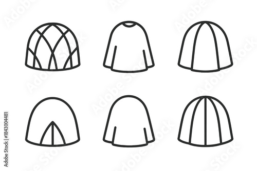 Geometric Garment Icons. Icons for: geometric dome garment diagrams, linear rounded clothing icons, minimalist vaulted apparel