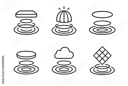 Ethereal Sound Icons. Icons for: hovering refuge frequencies, radiant sound-field shelters, soft vibration halos, levitated