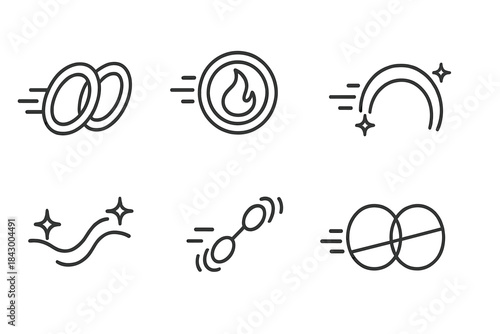 Motion-Energy Line Icons. Line vector icons of motion-induced connections: shifting energy loops, sliding flame rings, gliding