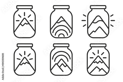 Altitude Vessel Icons. Line vector icons of an altitude jar that conducts: radiant high-altitude vessels, luminous jar outlines,