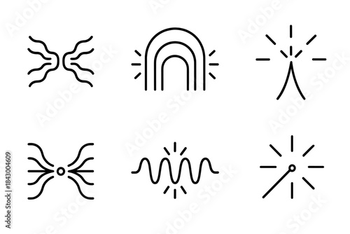 Vibrant Energy Paths. Line vector icons of a trembling conduit narrowing to clarity: vibrating channel outlines, pulsing narrowing