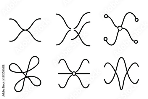 Dynamic Path Intersections. Line vector icons of oscillating path intersections: vibrating journey patterns, luminous crossing