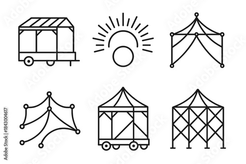 Karma Pavilion Icon. Line vector icons of a mobile pavilion of karma: rolling framework outlines, radiant karma arcs, luminous
