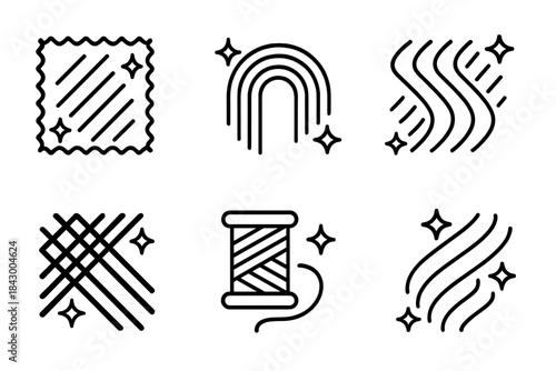Radiant Textile Icons. Line vector icons of a gleaming textile temptation: radiant fabric patterns, luminous woven arcs, glowing