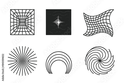 Geometric Illusion Patterns. Line vector icons of an illusory pattern gaining force: shifting geometric grids, glowing optical