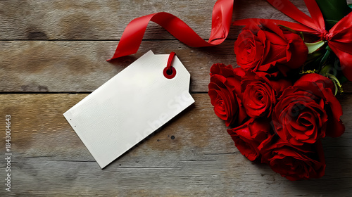 A white tag with a red string attached to a bouquet of red roses
