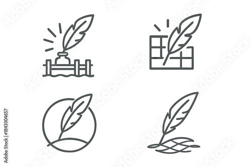 Harbor Quill Design. Line vector icons of a feather pen at a harbor computing divisions: elegant quill outlines, radiant pier