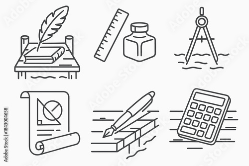 Dockside Writing Tools. Line style icons of a writing dock calculating ratios: quill and notebook on wooden pier, ruler beside ink