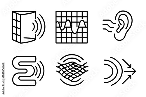 Abstract Resonance Geometry. Line style icons of resonant framework geometry: sound field through open structure, tonal grid