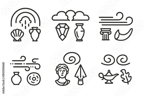 Weathered Curiosity Line Icons. Line style icons of weathered curiosity divide: double curve of storm flow, parted sky with rare