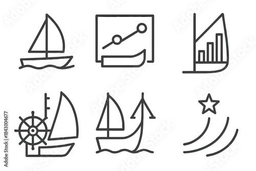 Sailing Ship Icons. Line style icons of a sailing ship arm displaying results: curved boom with measurement icons, extended line