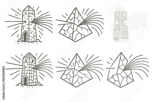 Light-Splitting Weathered Tower. Line vector icons of a weathered tower splitting light: cracked prism structures, radiant