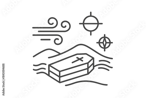 Desert Breeze Icons. Line style icons of a desert breeze affecting a coffin at the seasonal shift: rectangular tomb with sand