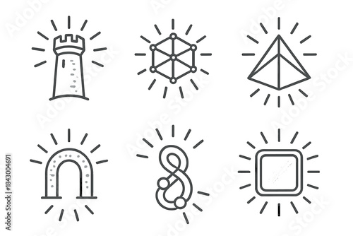 Radiant Architectural Icons. Line vector icons of radiant aged structures: luminous weathered towers, glowing refractive meshes,