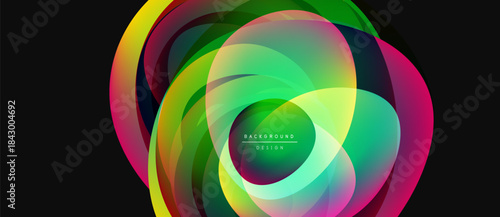 Abstract colorful layers create dynamic circular design. Vibrant gradients blend, forming modern background element. Smooth shapes suggest movement, energy.