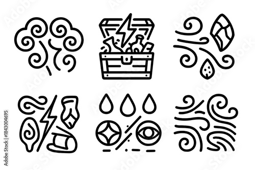 Stormy Line Divides. Line style icons of a stormy divide of curiosities: swirling clouds splitting into two halves, lightning bolt