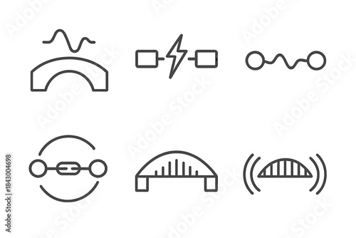 Kinetic Bridge Icons. Line style icons of kinetic bridgework and energy: balanced arch with wave signal, twin connectors flashing
