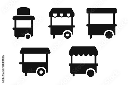 Mobile Fate Stations. Solid style icons of mobile fate stations: traveling booth, wheeled kiosk, rolling pavilion, moving counter,