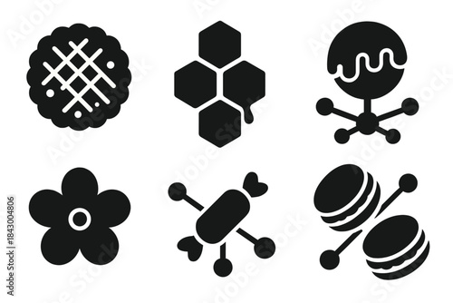 Dessert Connection Icons. Solid style icons of nuanced dessert connections: sugar lattice, honey intersection, syrupy node, floral