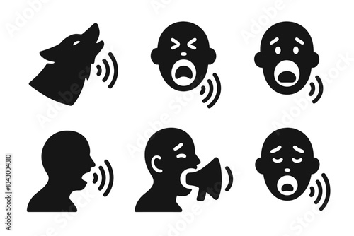 Dark Sound Icons. Solid style icons of dark auditory messages: final warning howl, dusky scream, shaded yell, dim proclamation,