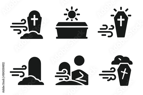 Seasonal Burial Icons. Solid style icons of solar and seasonal burial effects: hot wind over tomb, equinox sarcophagus, solstice