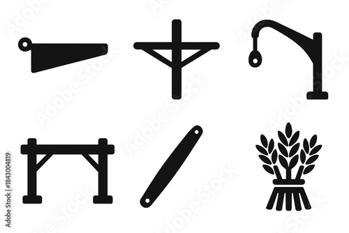Seafaring Icons. Solid style icons of seafaring structural motifs: boat boom, nautical yardarm, vessel arm, marine crossbeam,