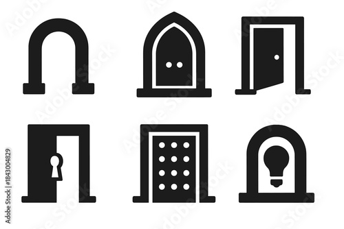 Conceptual Threshold Icons. Solid style icons of conceptual thresholds: central portal, focal gateway, main entrance, key access