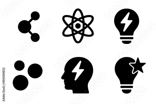 Charged Particle Icons. Solid style icons of particle-charged motifs: ionic hint, atomic suggestion, electrified clue, particle