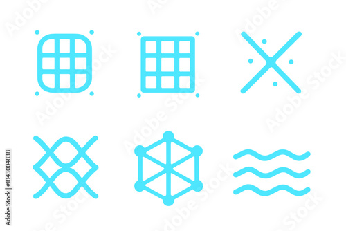 Glowing Aquatic Patterns. Solid style icons of glowing aquatic patterns: luminous grid, radiant framework, bright crisscross,