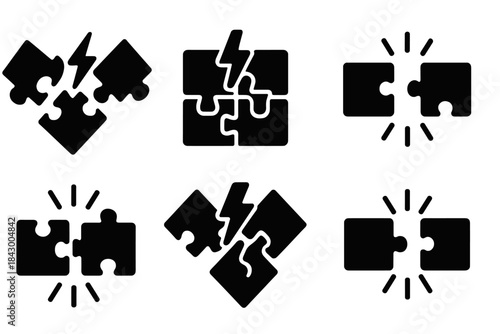 Kinetic Puzzle Icons. Solid style icons of kinetic puzzle networks: shocking convergence, electrified join, interlocking fragments