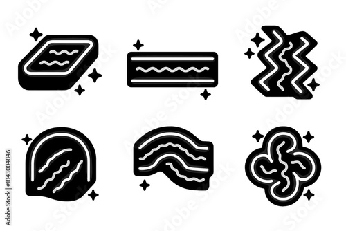 Glowing Moat Icons. Solid style icons of glowing moat networks: sparkling trench, luminous ditch, gleaming defense, radiant