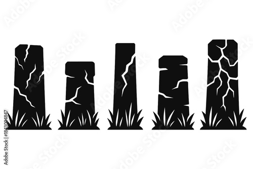 Weathered Grassland Towers. Solid style icons of weathered grassland towers: parched pillar, dry field structure, arid meadow