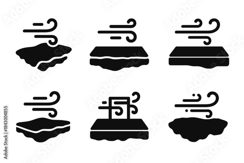 Dry Wind Icons. Solid style icons of dry wind platforms: desert shelf, hot windy ledge, sandy sill, dusty window, arid platform,