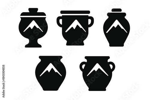 Mountain Vessel Icons. Solid style icons of summit vessel motifs: elevated jar, highland container, mountain urn, hilltop pot,