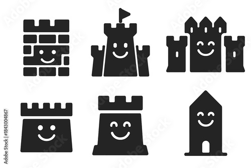 Radiant Architectural Icons. Solid style icons of radiant narrative architecture: wall of tales, fortress of joy, rampart of bliss