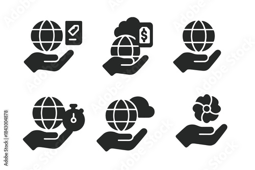 Shadowy Offer Icons. Solid style icons of passing world offers: dusky term, shadowy offer, dim proposition, dark ultimatum, shaded