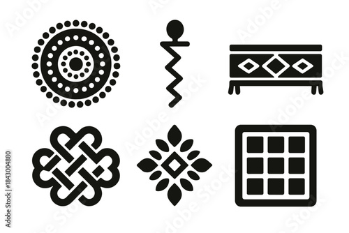 Global Tradition Icons. Solid style icons of global traditions: tribal beadwork circle, ancestral thread line, indigenous weave