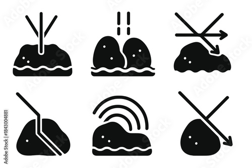 Underwater Optic Icons. Solid style icons of underwater optics: seafloor masses splitting light, deep-sea boluses creating double