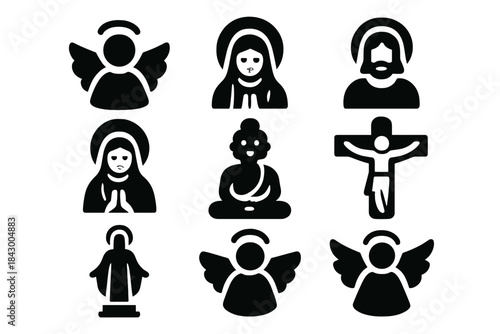 Divine Repetition Icons. Solid style icons of divine repetition: repeating heavenly images, echoing paradise effigies, copied