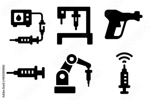 Medical Technology Icons. Solid style icons of medical technology: injection system unit, precision dispenser module, fluid