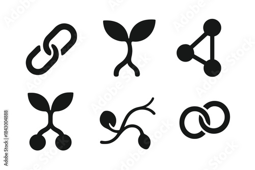 Connection and Growth Icons. Solid style icons of connection and growth: linked origin nodes, bonded sprout stems, unified seed